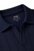 Close-up of Navy Dropneedle Full Sleeve Polo Johnny collar and dropneedle texture