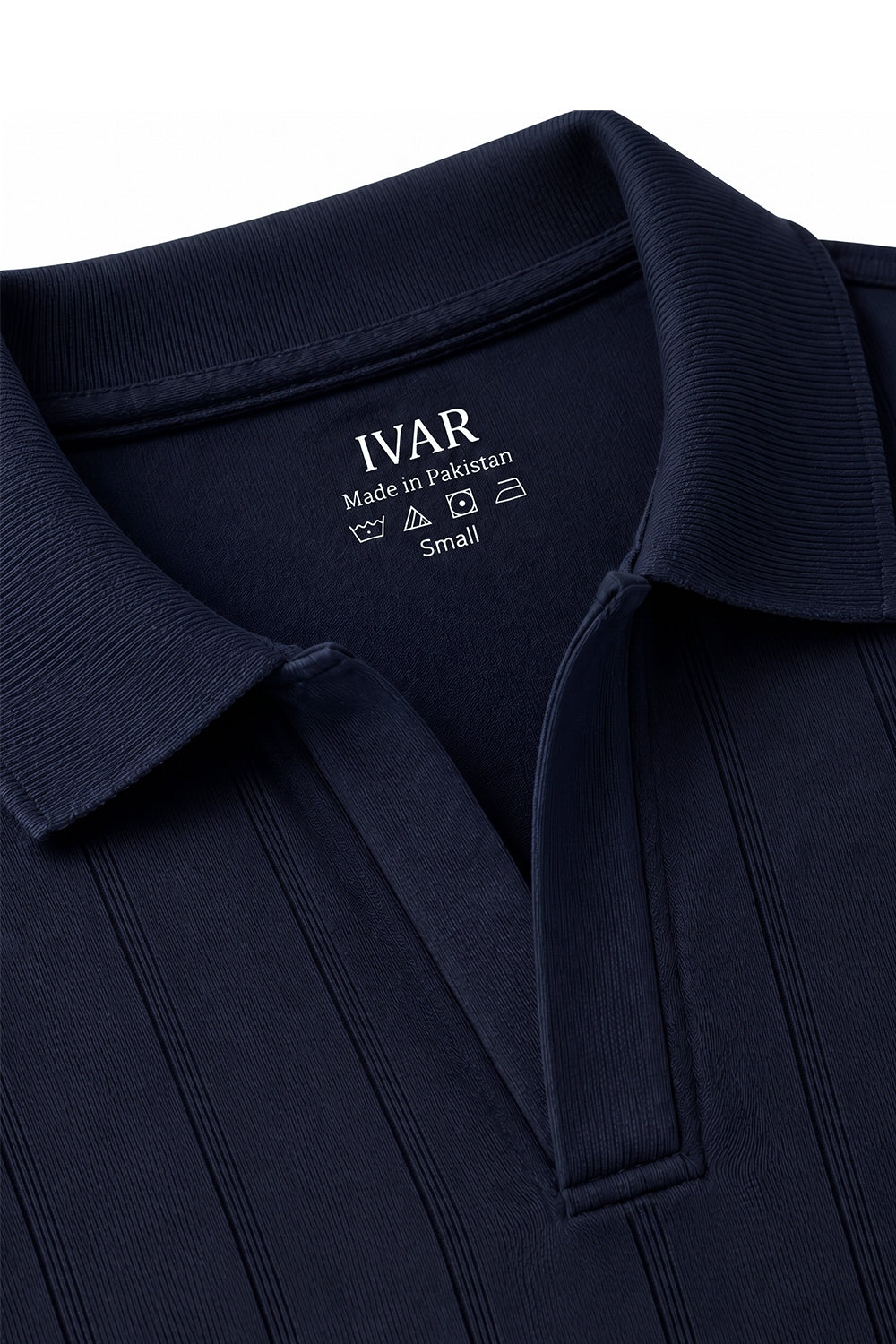 Close-up of Navy Dropneedle Full Sleeve Polo Johnny collar and dropneedle texture