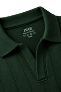 Close-up of Olive Dropneedle Full Sleeve Polo Johnny collar and dropneedle texture