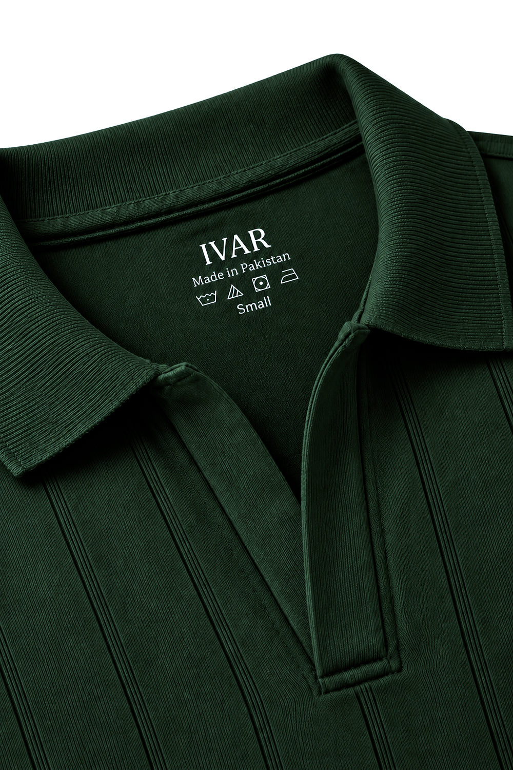Close-up of Olive Dropneedle Full Sleeve Polo Johnny collar and dropneedle texture
