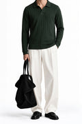 Man wearing the Olive Dropneedle Full Sleeve Polo with cream trousers