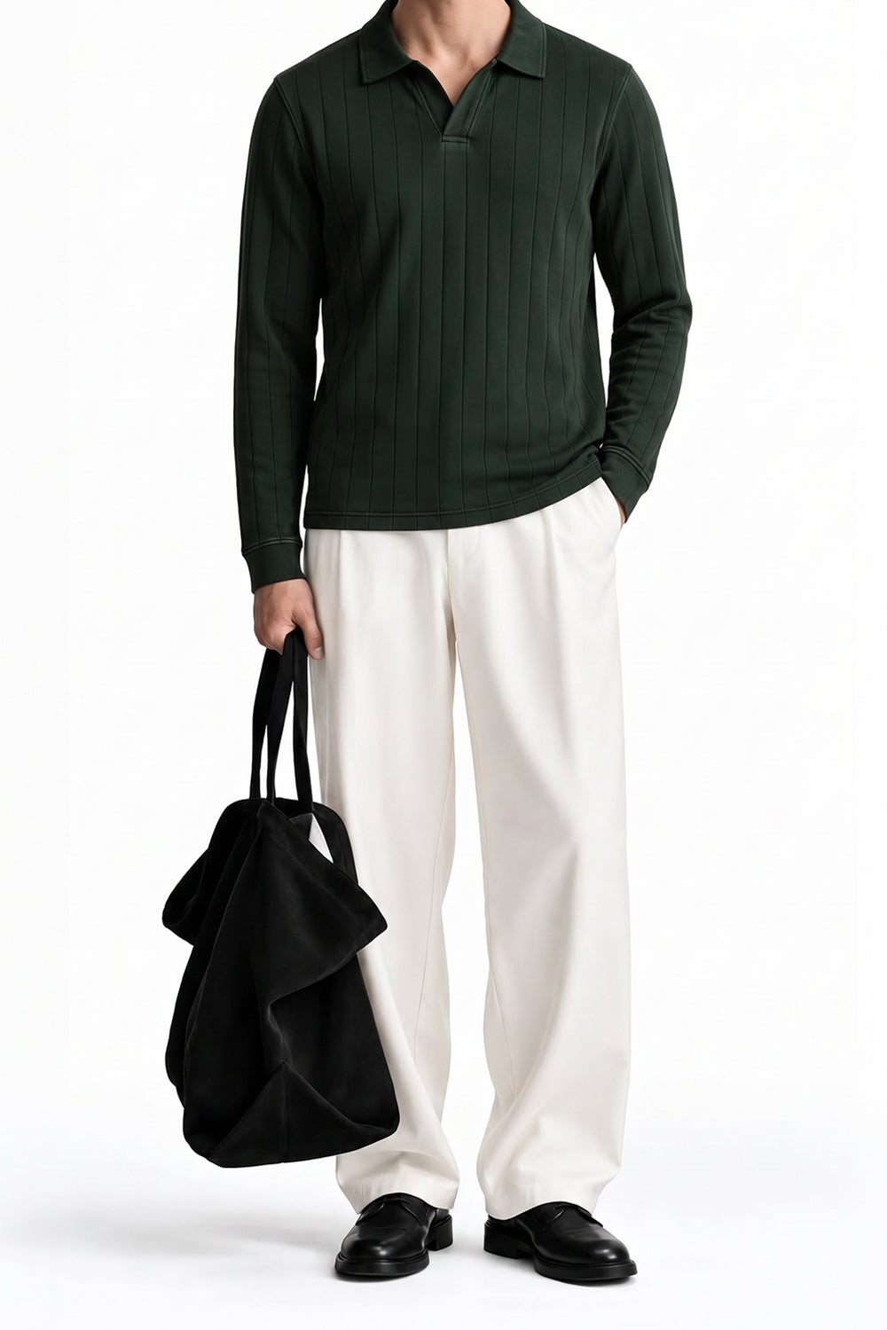 Man wearing the Olive Dropneedle Full Sleeve Polo with cream trousers