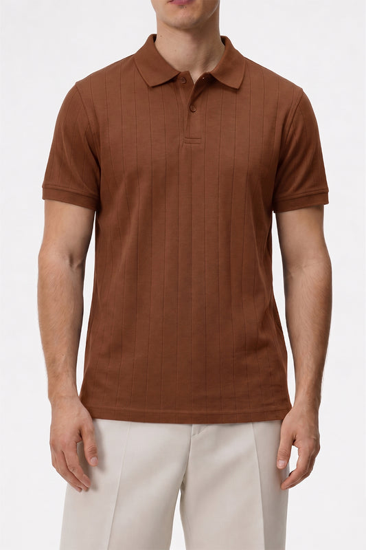 Man wearing rust brown Drop Needle Polo paired with beige trousers
