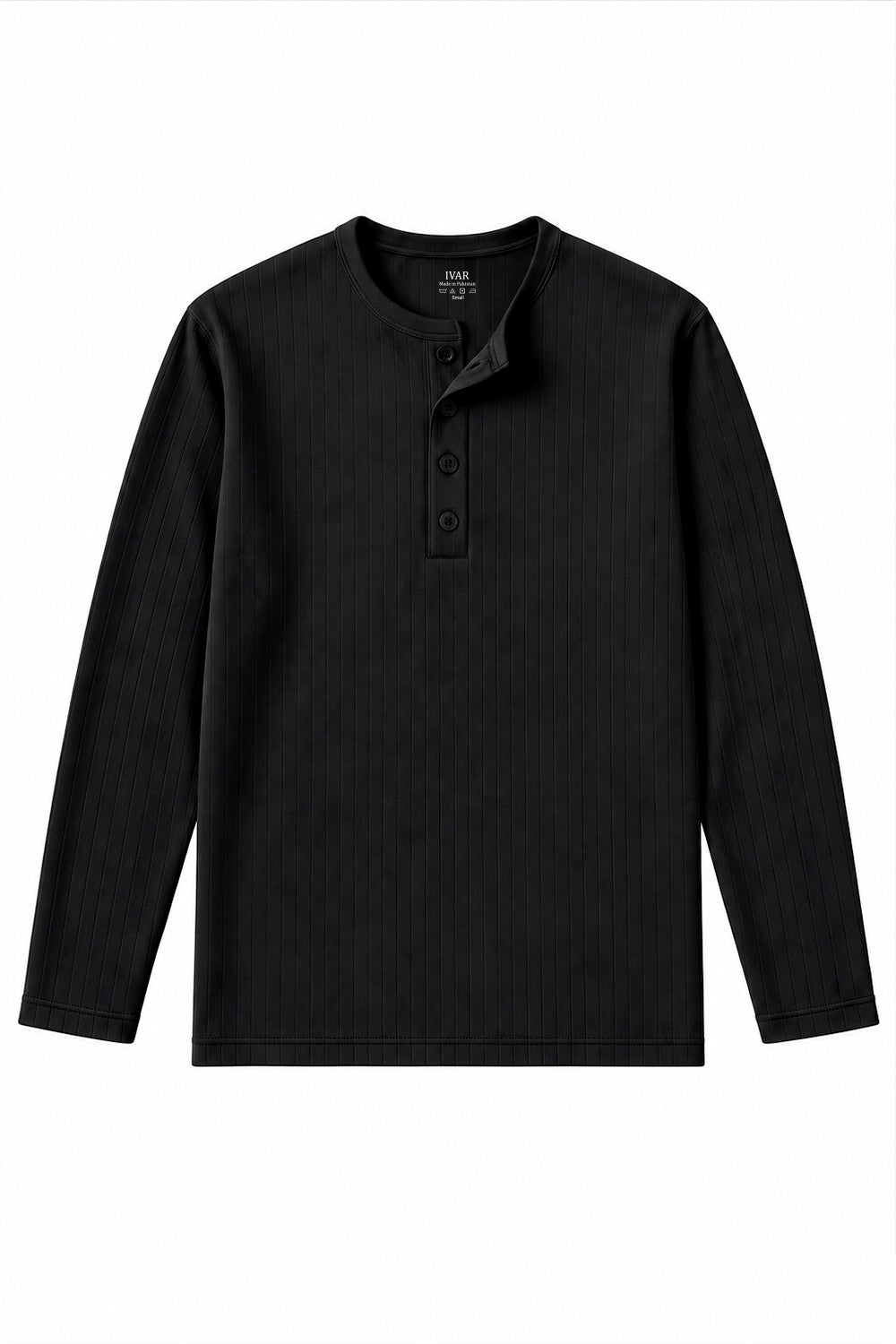 IVAR black dropneedle full sleeve henley with three-button placket
