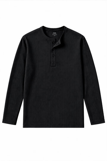 IVAR black dropneedle full sleeve henley with three-button placket
