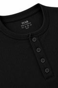 Neckline and button placket detail of IVAR black dropneedle full sleeve henley