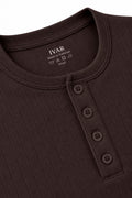 Neckline and button placket detail of IVAR brown dropneedle full sleeve henley