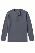 IVAR grey dropneedle full sleeve henley with button placket, front view