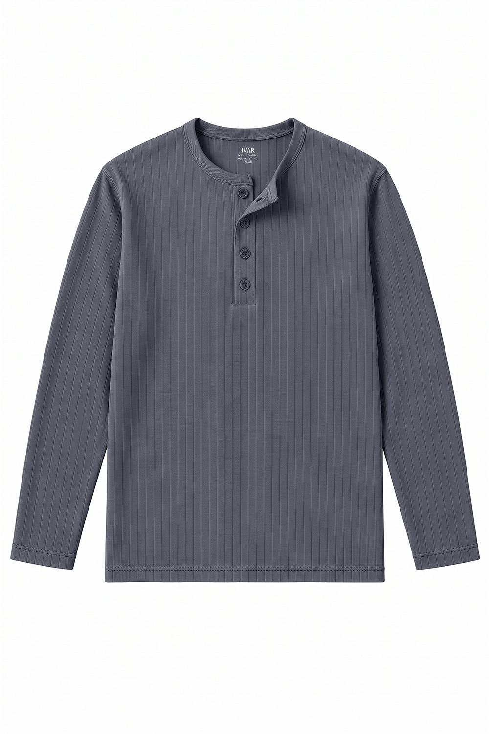 IVAR grey dropneedle full sleeve henley with button placket, front view