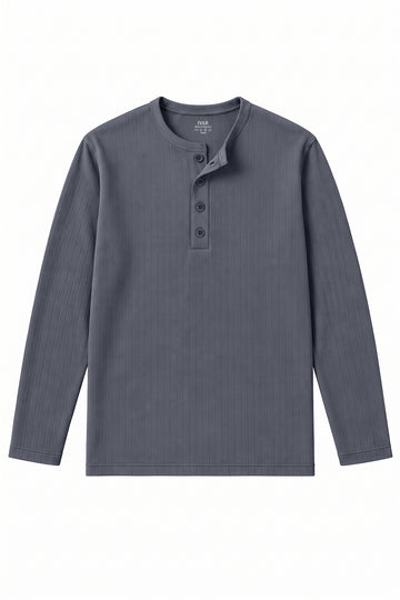 IVAR grey dropneedle full sleeve henley with button placket, front view