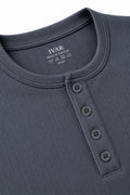 Close-up of grey dropneedle full sleeve henley neckline and button placket