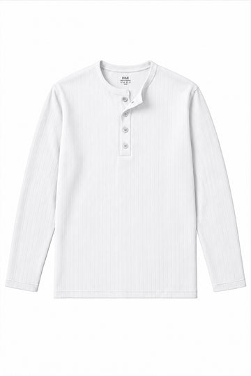 IVAR white dropneedle full sleeve henley with three-button placket