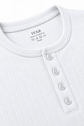 Neckline and button placket detail of IVAR white dropneedle full sleeve henley