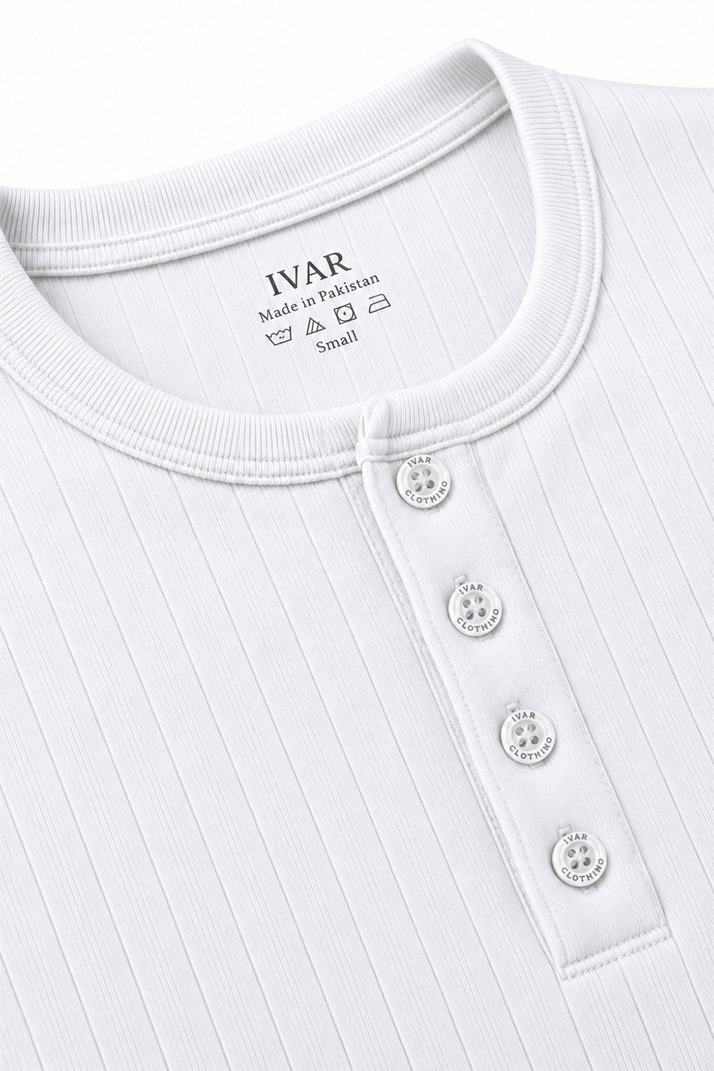 Neckline and button placket detail of IVAR white dropneedle full sleeve henley