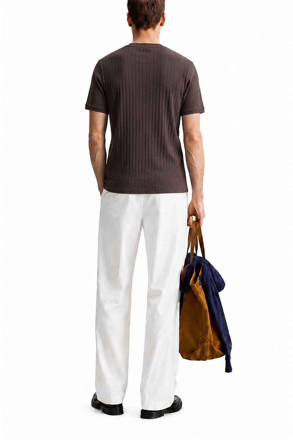 Men's Brown Zipper Henley Tshirt Back View Relaxed Fit