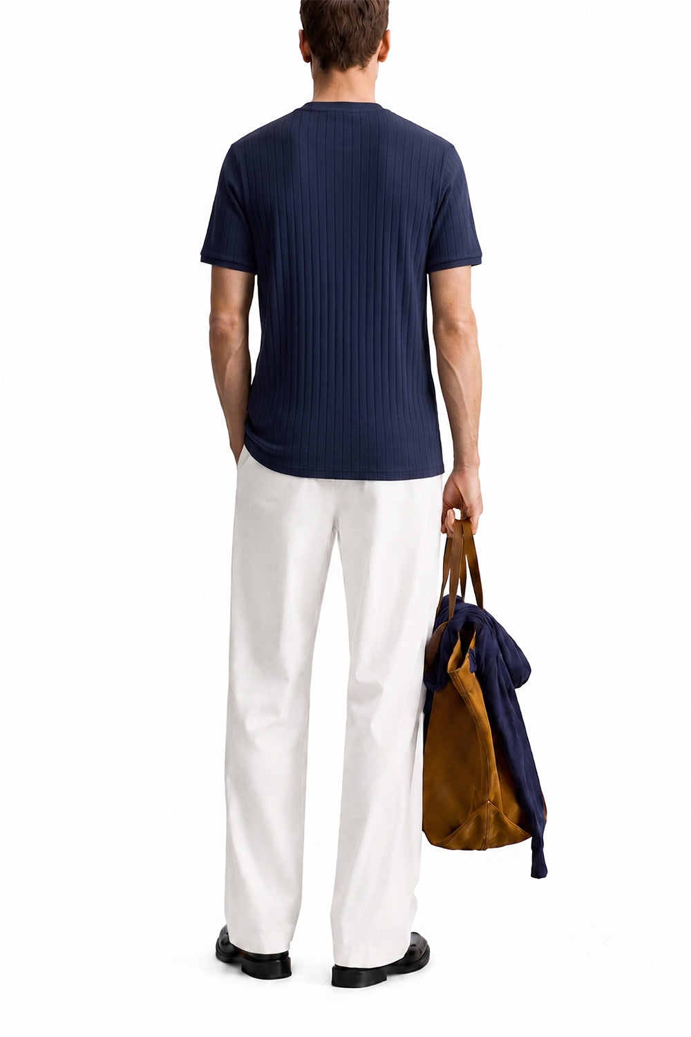 Men's Navy Blue Zipper Henley Tshirt Back View Relaxed Fit