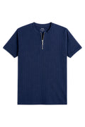 Navy Blue Zipper Henley Tshirt  Front View Dropneedle Texture Minimal Look