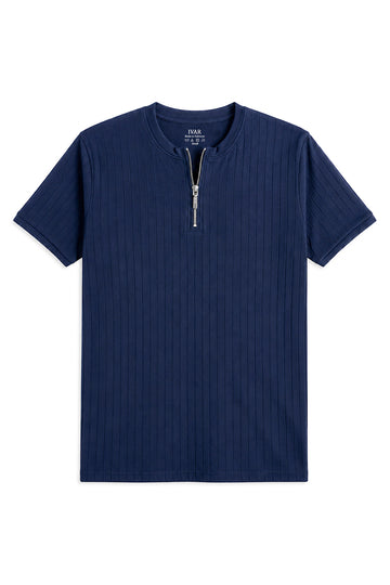 Navy Blue Zipper Henley Tshirt  Front View Dropneedle Texture Minimal Look
