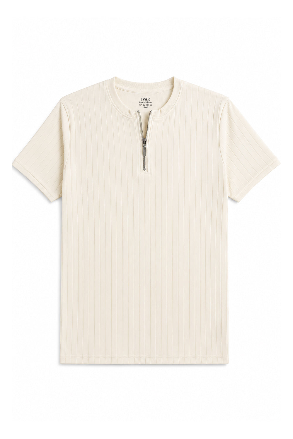 Cream Zipper Henley Tshirt Front View Clean Minimal Look