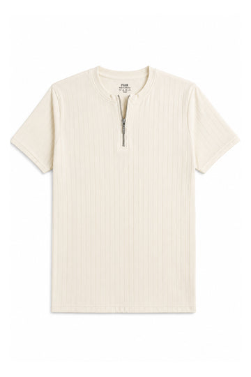 Cream Zipper Henley Tshirt Front View Clean Minimal Look