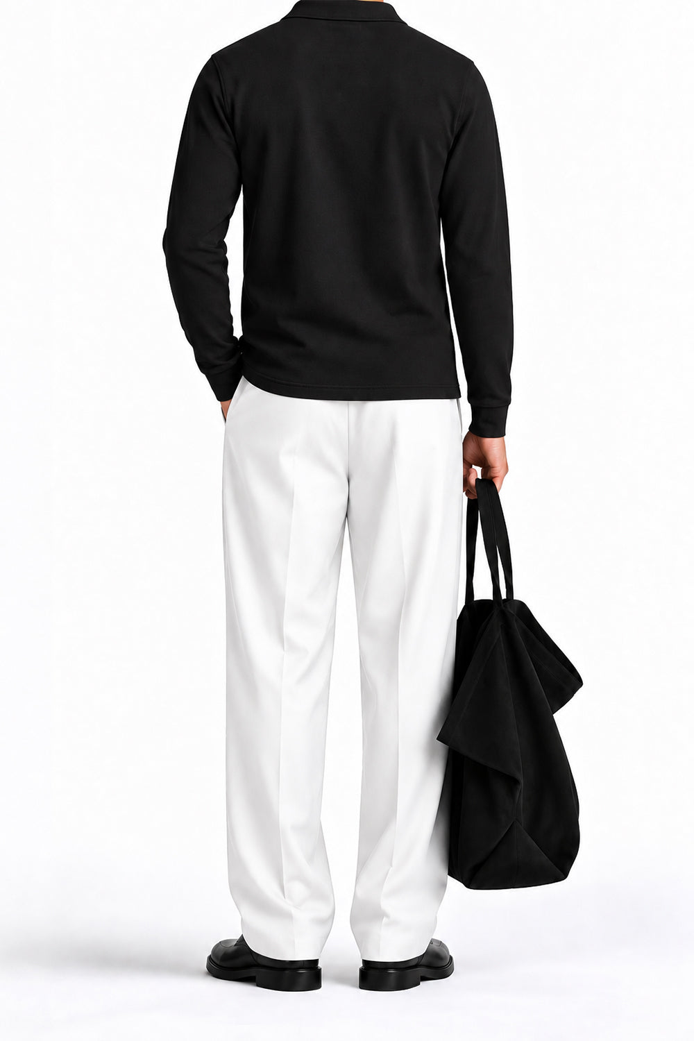 Man wearing the Black Fleece Polo, back view