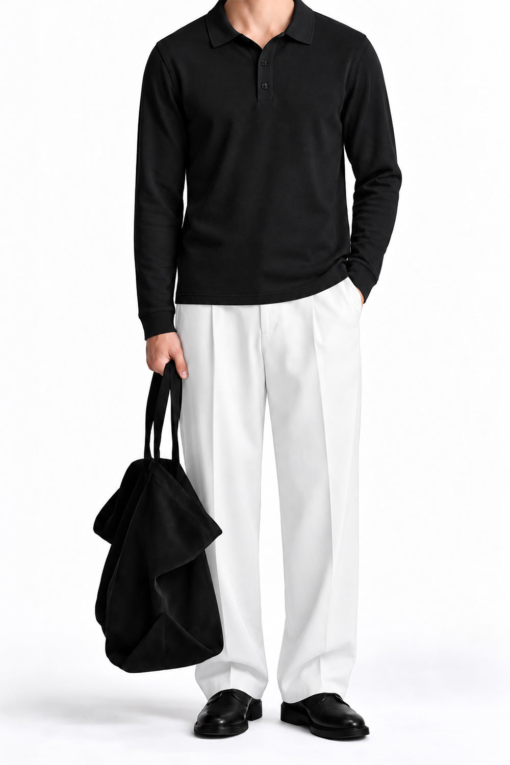 Man wearing the Black Fleece Polo with white trousers, front view