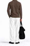 Man wearing the Brown Fleece Polo, back view