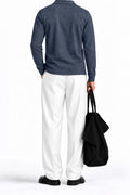 Man wearing the Charcoal Fleece Polo, back view