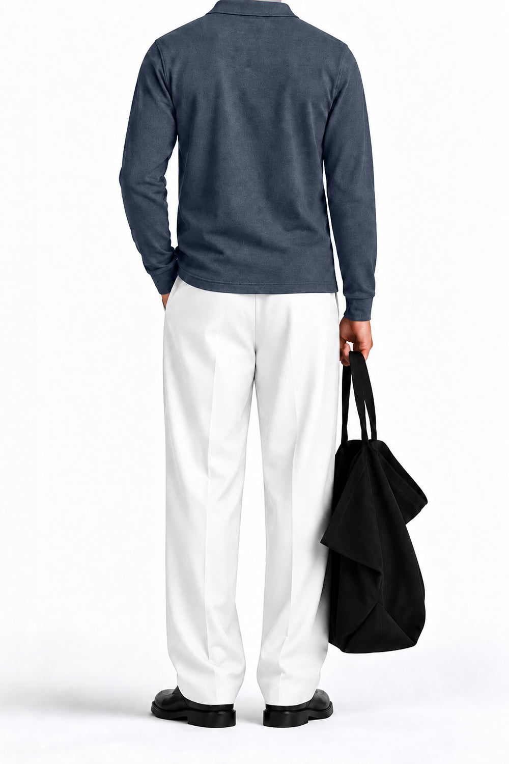 Man wearing the Charcoal Fleece Polo, back view