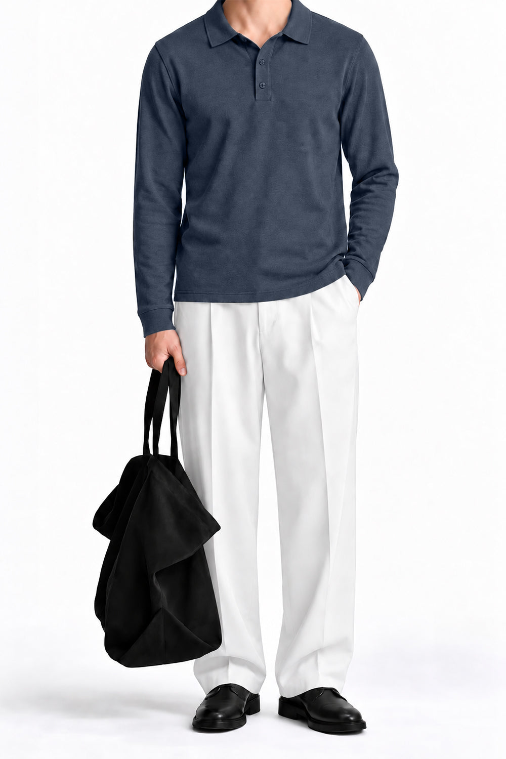 Man wearing the Charcoal Fleece Polo with white trousers, front view