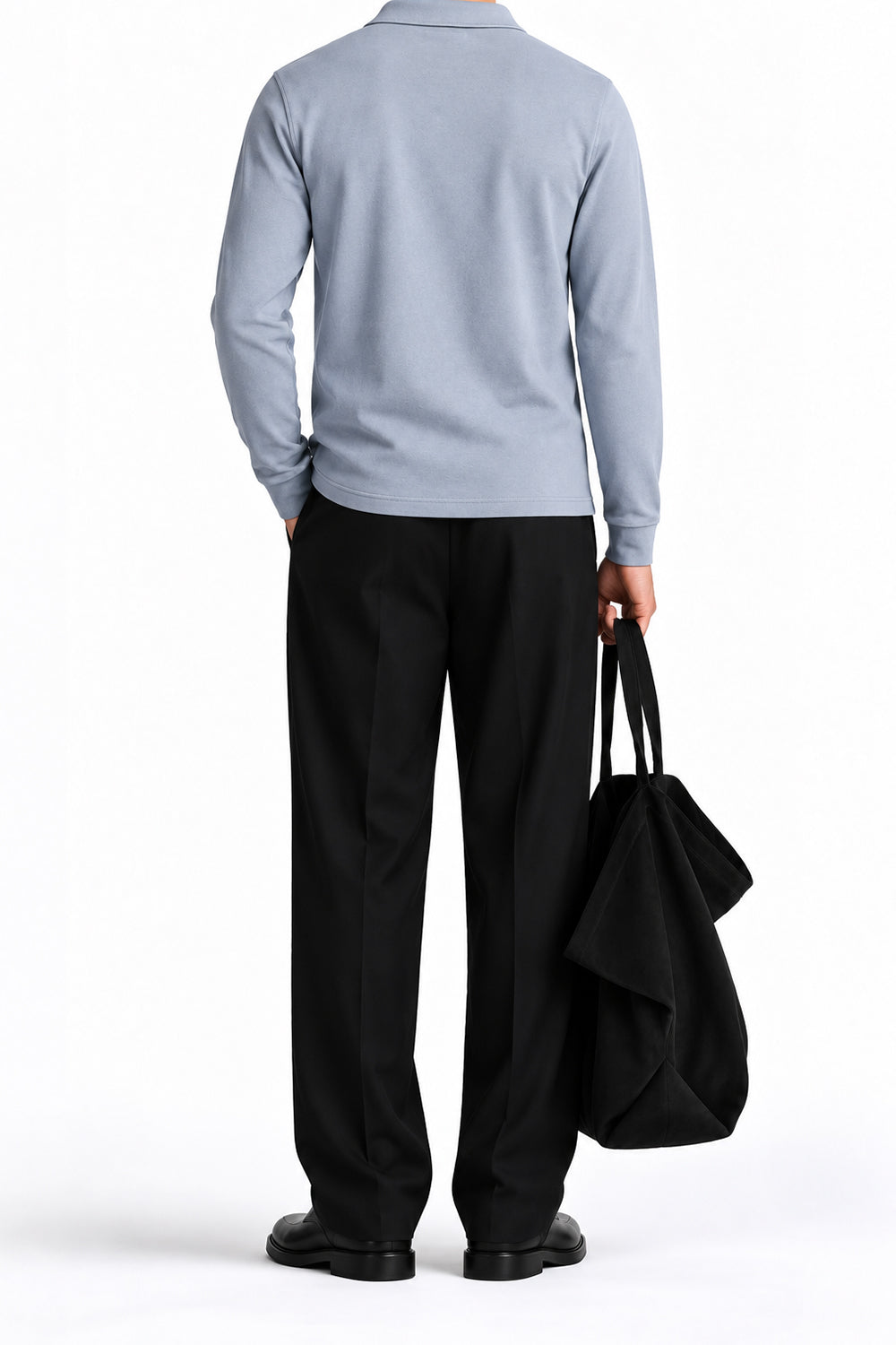 Man wearing the Light Grey Fleece Polo, back view