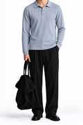 Man wearing the Light Grey Fleece Polo with white trousers, front view