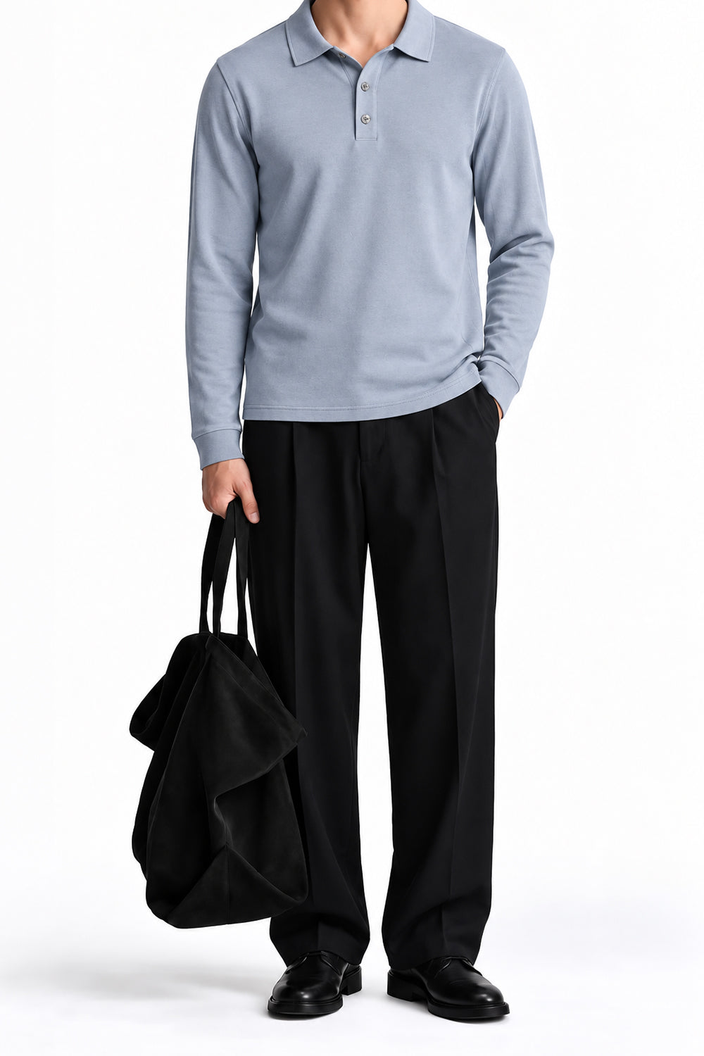 Man wearing the Light Grey Fleece Polo with white trousers, front view