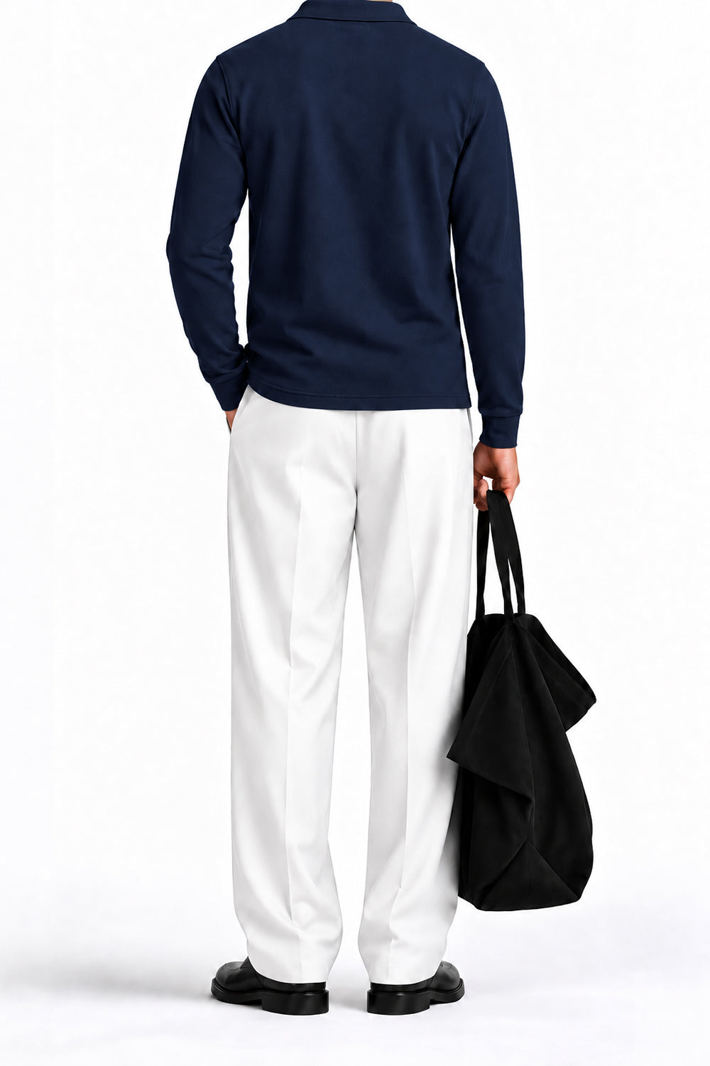 Man wearing the Navy Fleece Polo, back view