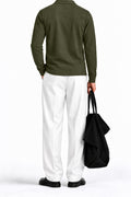 Man wearing the Olive Fleece Polo, back view