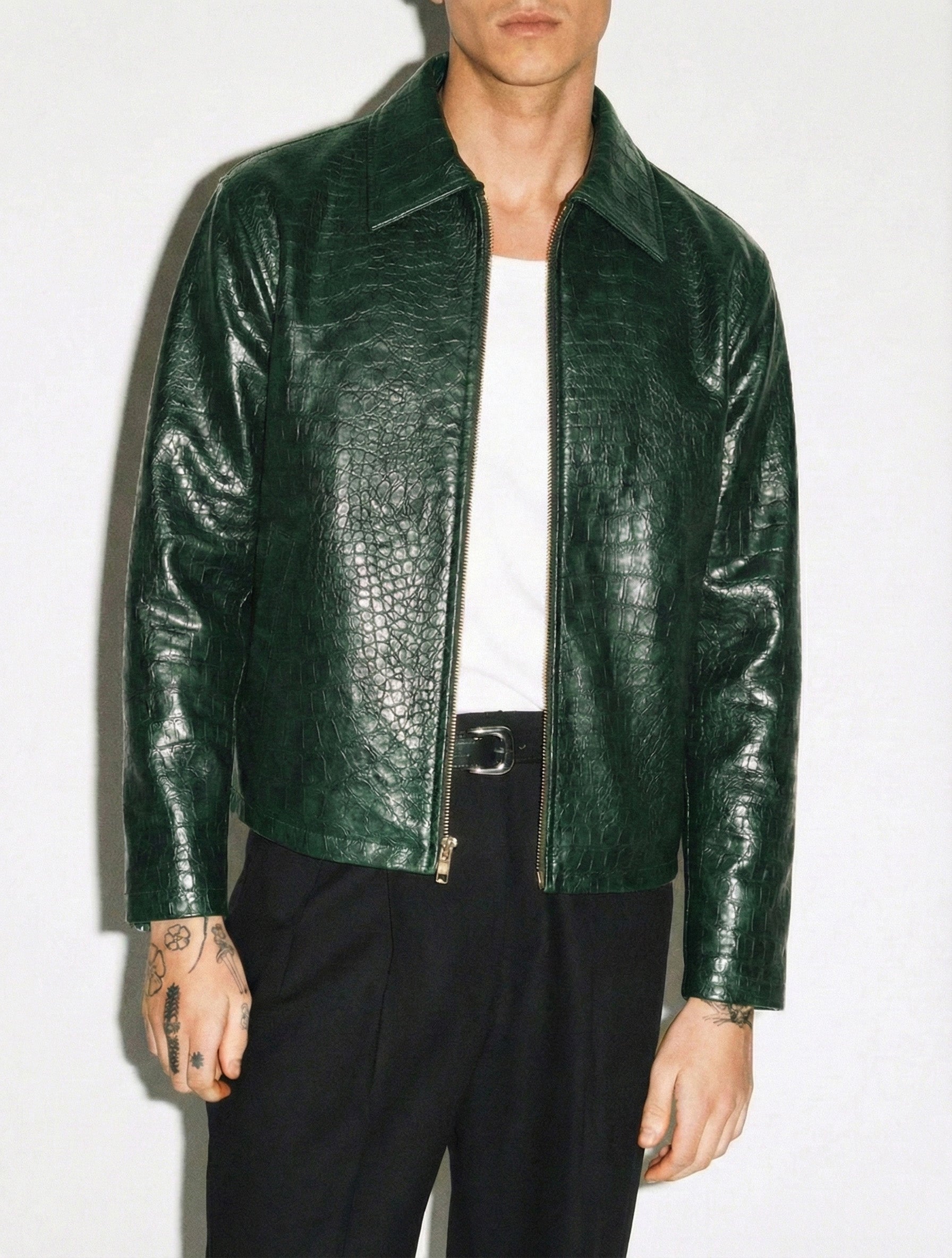IVAR® Dark Green Croc Embossed Leather Jacket