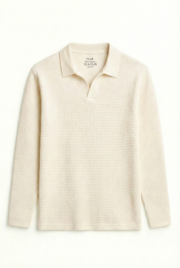 IVAR® Off White Waffle Knit Full Sleeve Johnny Collar Polo