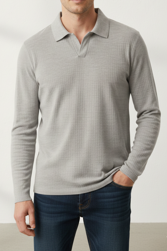 IVAR® Heather Grey Drop Needle Full Sleeve Johnny Collar Polo