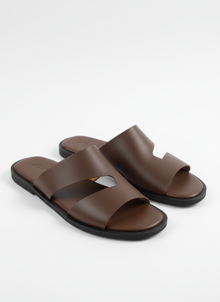 IVAR Brown Artisan Leather Slides – men's brown full-grain leather dual-strap slides, view 2