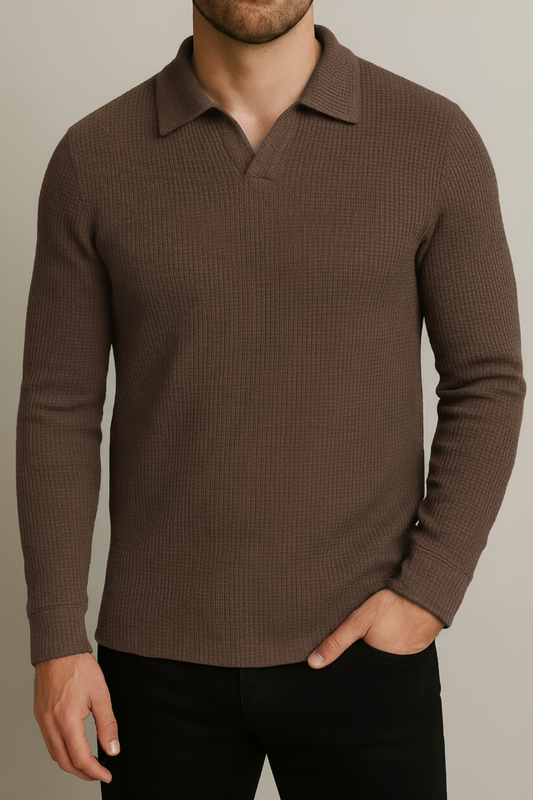 IVAR® Hazel Brown Waffle Knit Full Sleeve Johnny Collar Polo