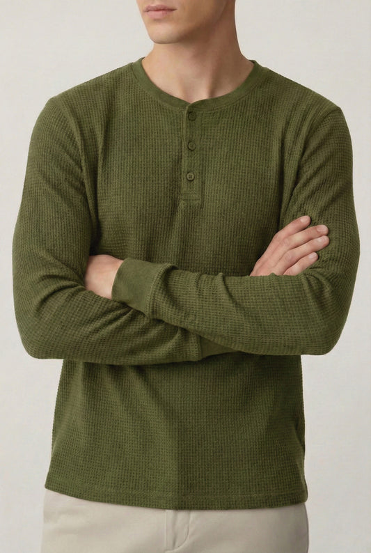 IVAR® Olive Green Waffle Knit Full Sleeve Henley