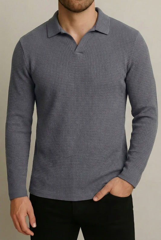 IVAR® Smoke Grey Waffle Knit Full Sleeve Johnny Collar Polo