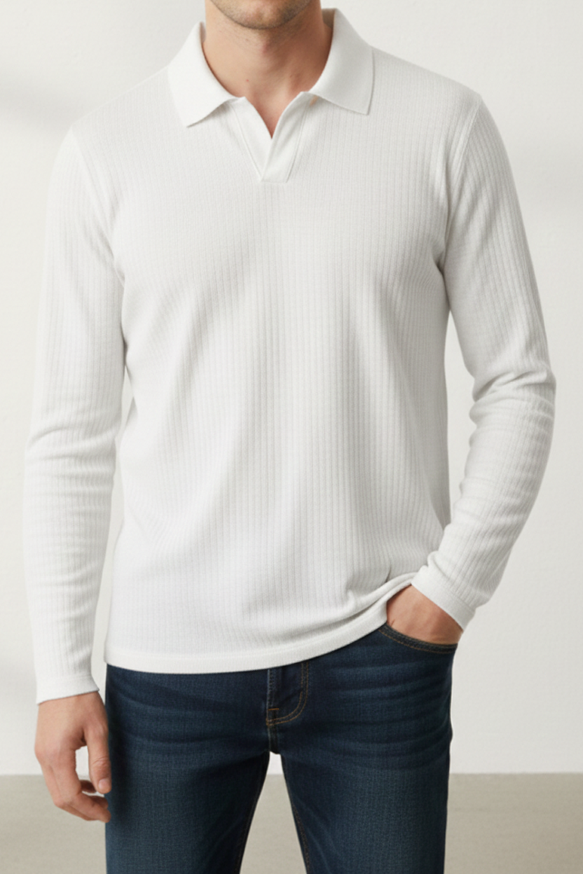 IVAR® White Drop Needle Full Sleeve Johnny Collar Polo