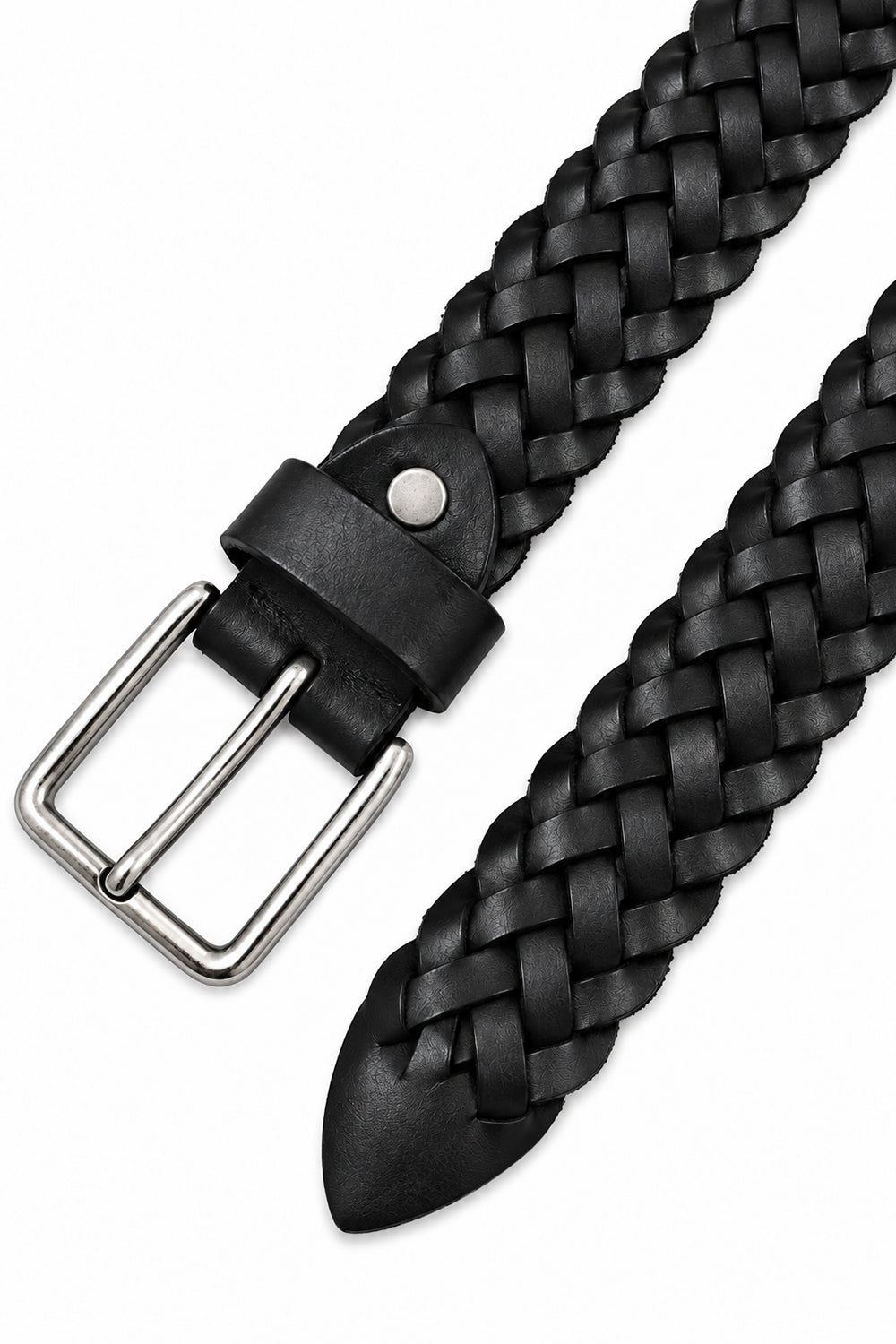 Ivar Black Hand Braided Leather Belt - Flat Lay Buckle Detail - IVAR Clothing