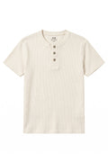 Oatmeal waffle-knit Henley shirt with three-button placket, front view