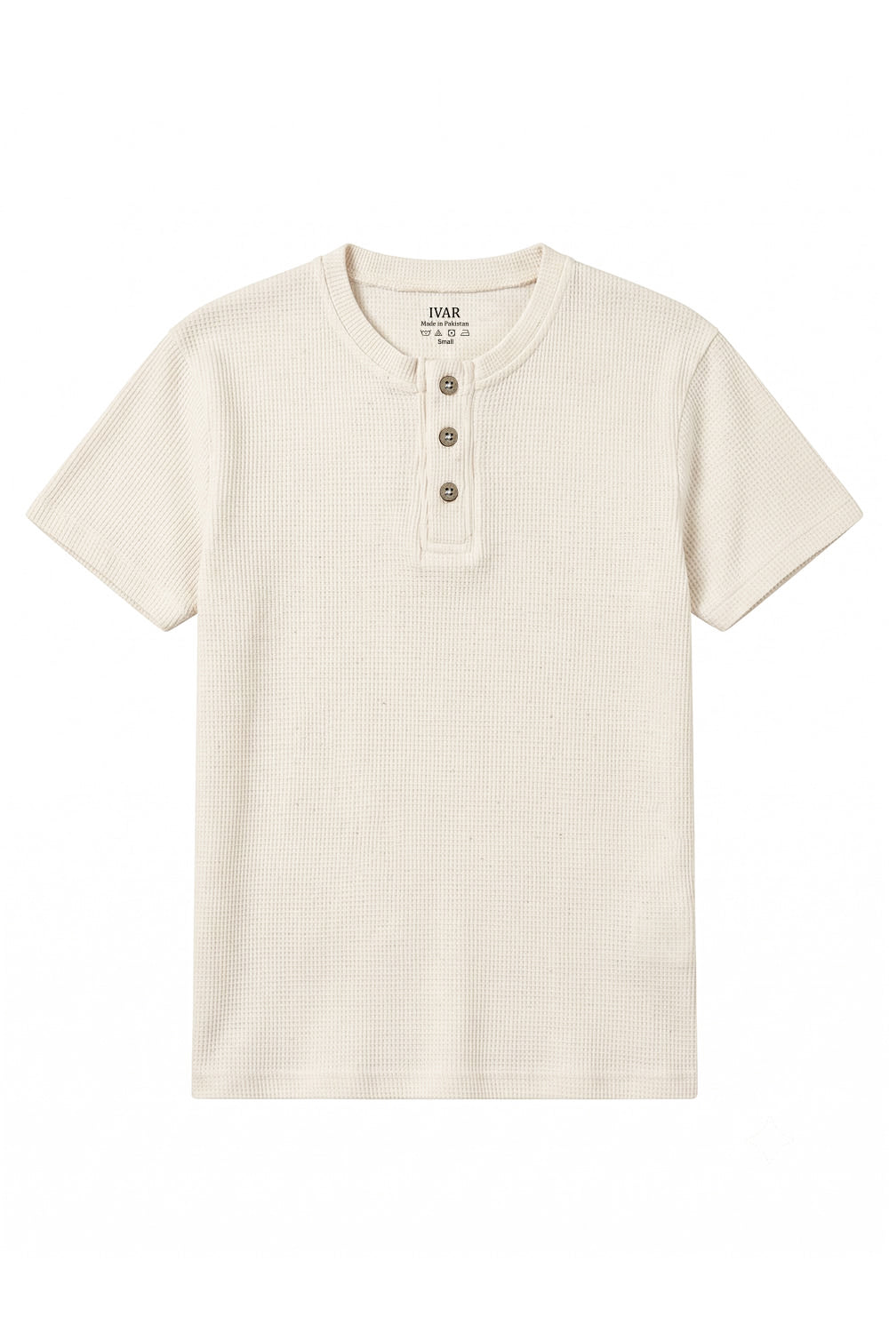 Oatmeal waffle-knit Henley shirt with three-button placket, front view