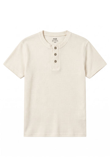 Oatmeal waffle-knit Henley shirt with three-button placket, front view