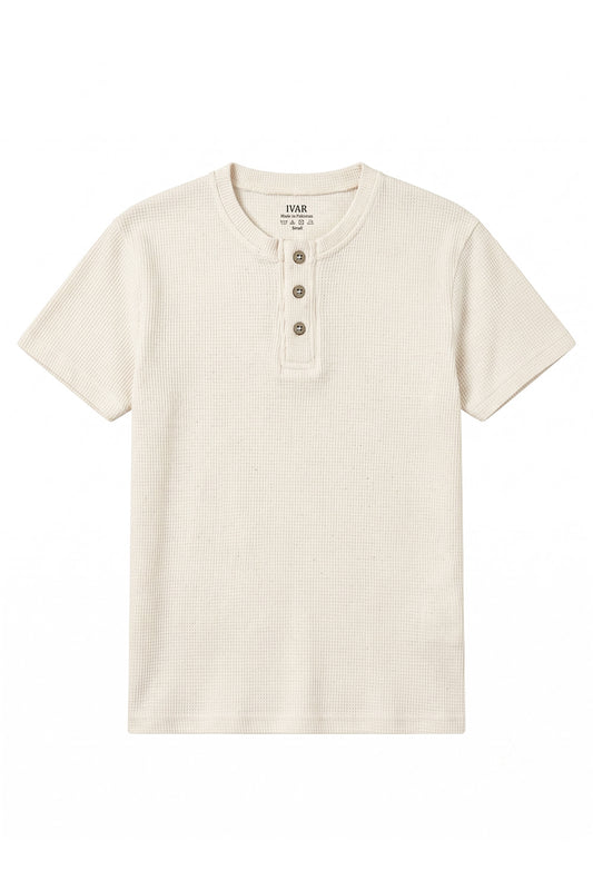 Oatmeal waffle-knit Henley shirt with three-button placket, front view