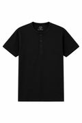 Black Henley with buttoned placket and short sleeves
