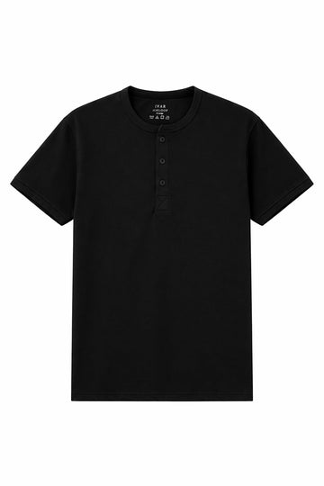 Black Henley with buttoned placket and short sleeves
